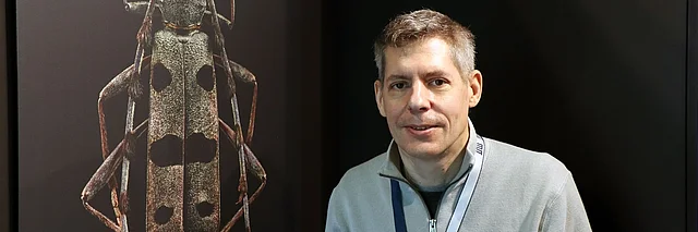 Ein Mann neben einem lebensgroßen Portrait eines Käfers