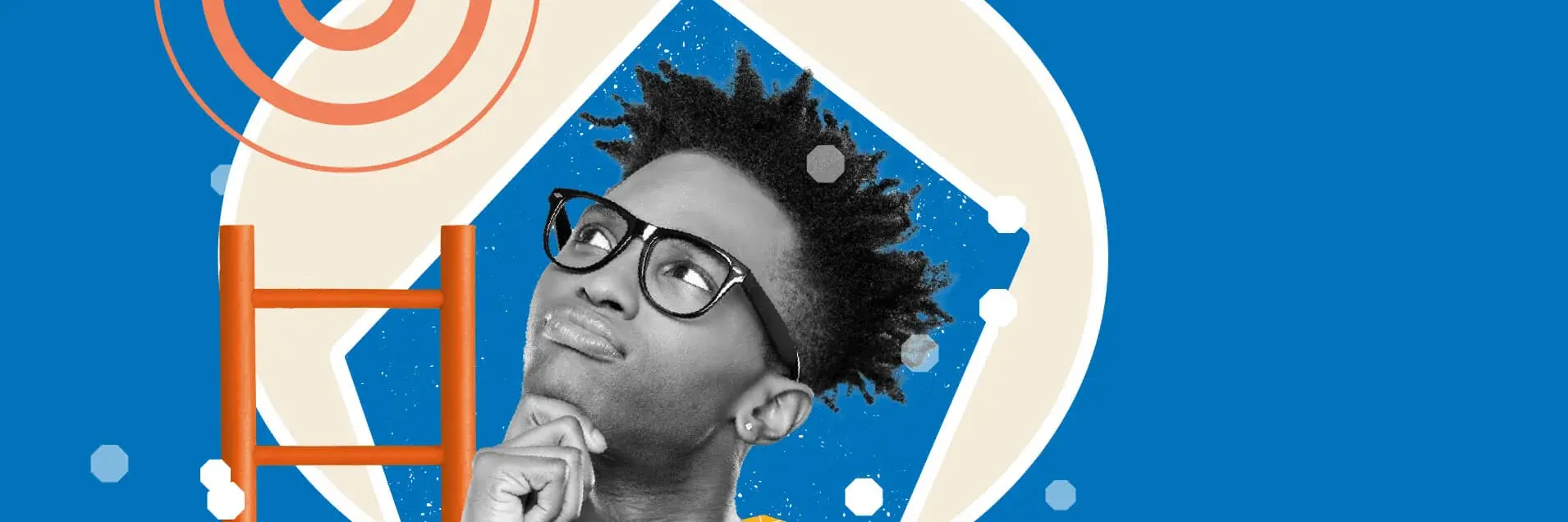 Man with glasses and ladder looking upwards in front of an abstract background.