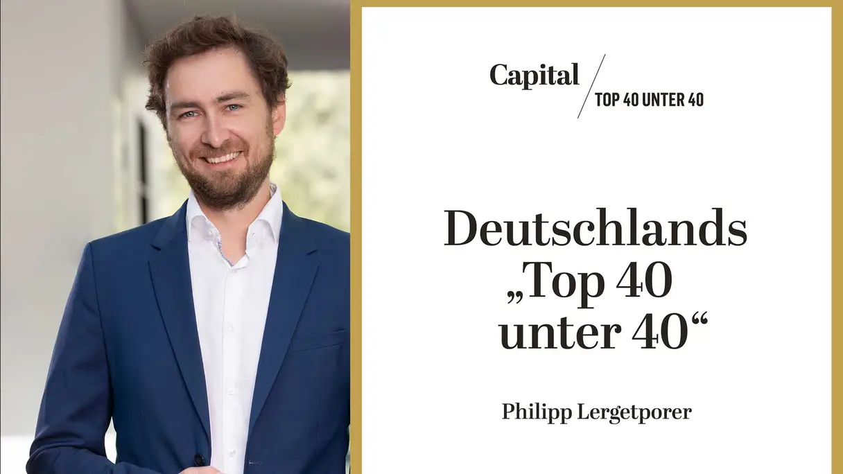 a man facing the camera and a certificate, that says Germany's top 40 under 40