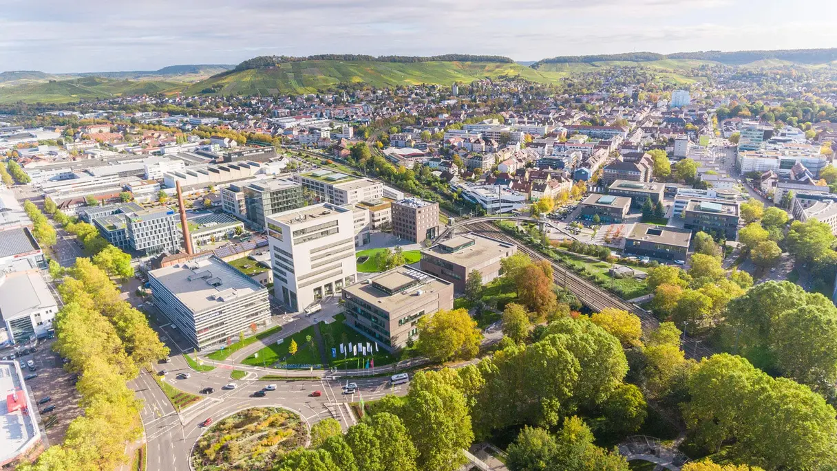 Drone shot of the city of Heilbronn with the Bildungscampus in the center