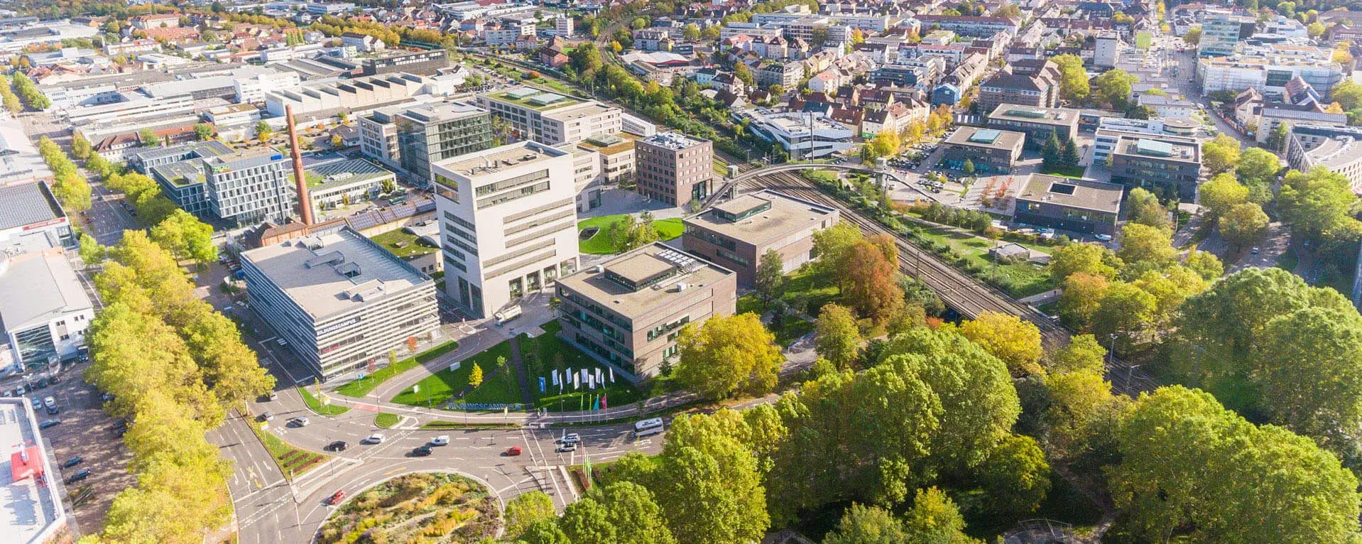 Drone shot of the city of Heilbronn with the Bildungscampus in the center