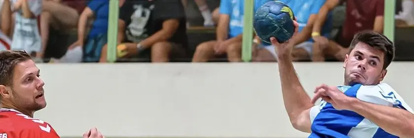 Two players, one in blue and the other in red, actively playing handball in a dynamic match.