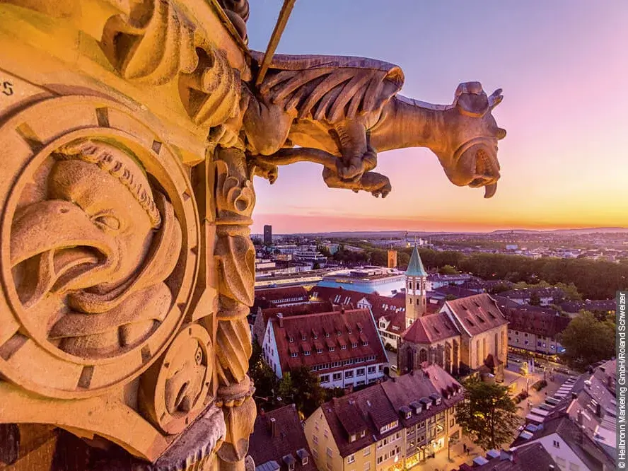 Sculpture on a Heilbronn church at sunset