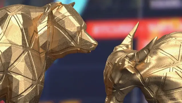 A geometric bear and bull statue are in front of a digital stock market board displaying numbers in yellow.